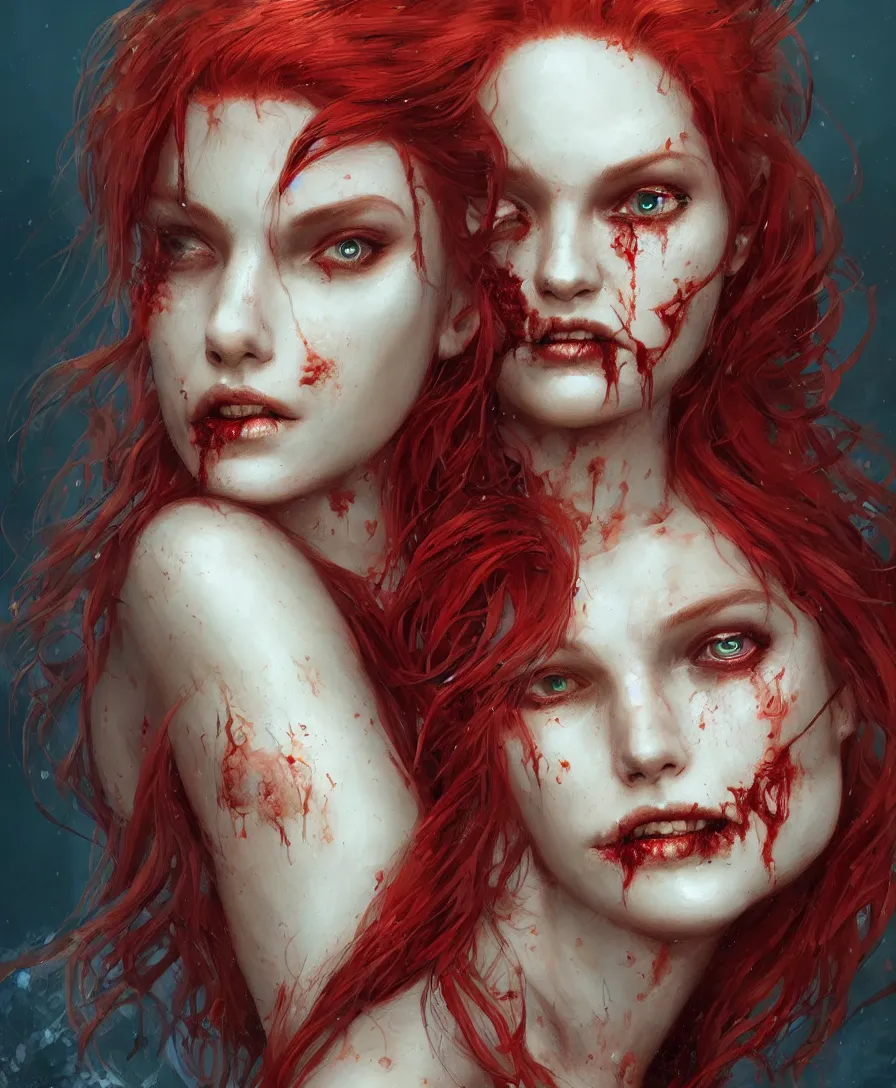 Prompt: close-up portrait of zombie mermaid young woman with red hair, fantasy, intricate, digital painting, trending artstation, concept art, illustration, art by Greg Rutkowski