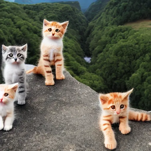 Image similar to group of kittens sitting on a chair at the top of a mountain looking out over a river in a valley