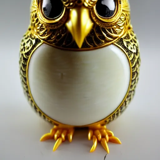 Prompt: gorgeous ornated snow white porcelain realistic detailed sacred owl natsuke with golden filigree carved out of ivory