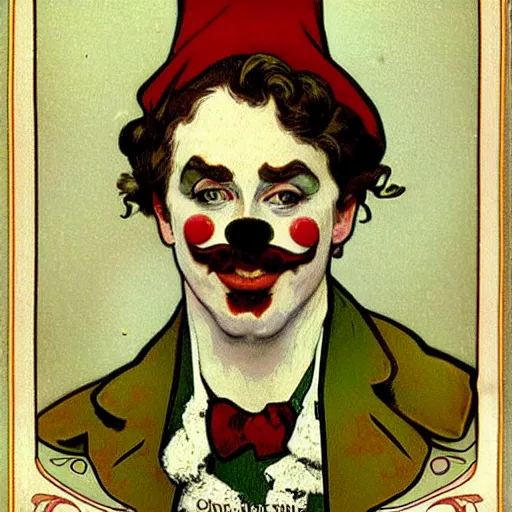 Prompt: victorian christmas! card single handsome thin delicate beautiful male clown named pepes wearing stylish modest! clown clothes, masculine clown high fashion, elegant, clear, painting, stylized, delicate, soft facial features, delicate facial features, art by alphonse mucha, vincent van gogh