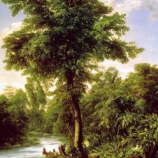 Image similar to tropical fruit trees and white milk river, mangos, painting by ivan shishkin