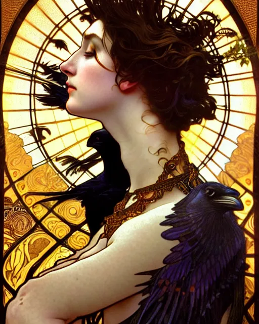 Image similar to goddess of the ravens, unusual beauty, emotionally evoking symbolic metaphors, head in focus, fantasy, ornamental, intricate, elegant, sensual, highly detailed digital painting, artstation, concept art, painterly, golden ratio, sharp focus, illustration, art by Rafael and Alphonse Mucha and Albert Aublet