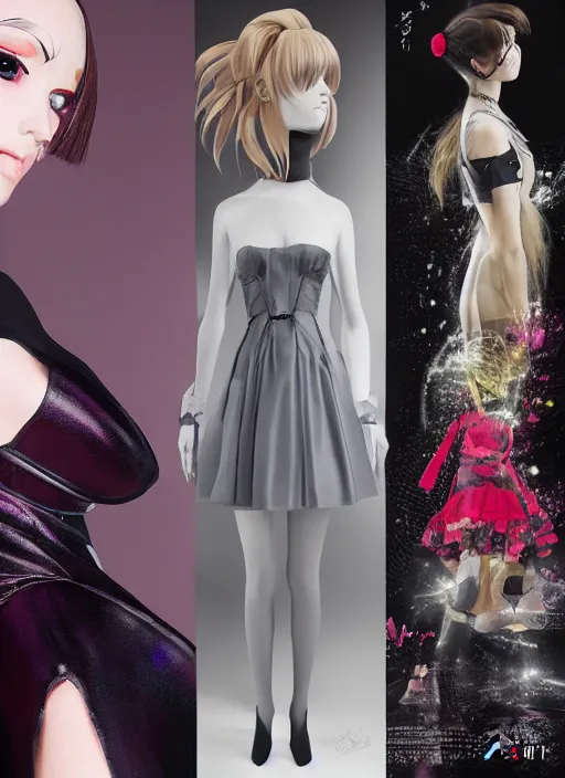 Image similar to dior anime cosplay, runaway photography, holographic undertones, professional hairstyle, high detail