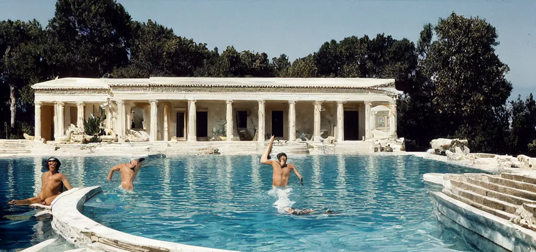 Image similar to greek - inspired marble house designed by ictinus and callicrates in california. photographed in 1 9 7 2. man swimming in pool.