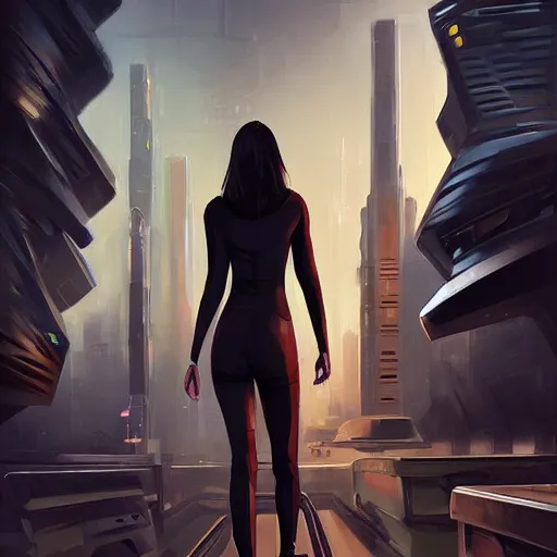 Image similar to scifi art by greg rutkowsky, a very tall and slim girl with black bob hair with two strands around her face, wearing a oversized jumper jumpsuit, walking through a futuristic city, scifi environment, highly detailed portrait, digital painting, artstation, concept art, smooth, sharp foccus ilustration, artstation hq