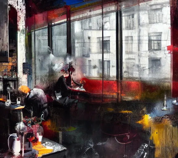 Image similar to lovers collapsed in a the cafe void, curtains, college, couches melting paint oil drips, eerie atmosphere, cinematic, painted by Francis Bacon, style of Adrian Ghenie, ultradetailed 8k, Brett Amory