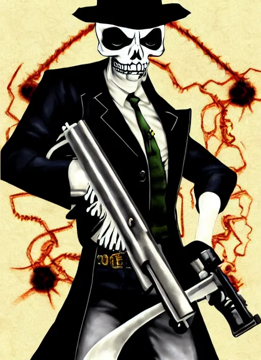Prompt: shin megami tensei art of a demon that is a skeleton mafia gangster from 1 9 3 0 s holding a tommygun!!! wearing a fedora, art by kazuma kaneko, demonic! compedium!, digital drawing, law - alligned, white background, high quality, highly detailed
