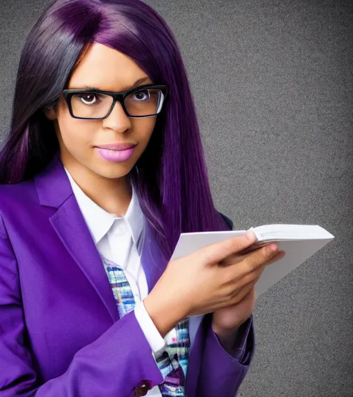 Prompt: humanized twilight sparkle studying for a test, a black girl with straight long brown hair and bangs, black square glasses, and a purple suit jacket