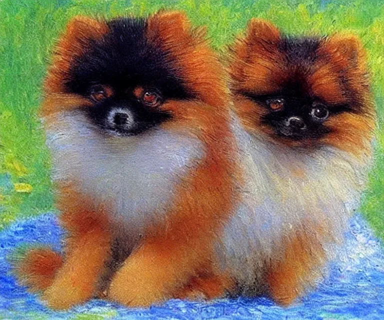 Image similar to pomeranian, cute, monet, oil painting