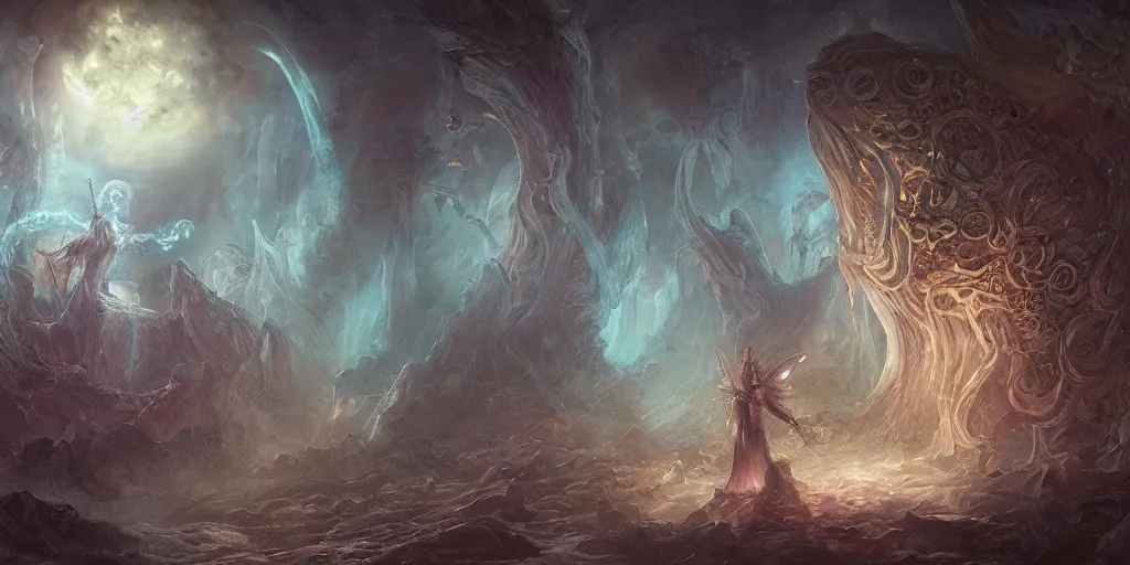 Prompt: concept art of translucent glowing fairies, lovecraftian, renaissance, melting, round moon, rich clouds, fighting the horrors of the unknown, very detailed, volumetric light, mist, fine art, decaying, textured oil over canvas, epic fantasy art, very colorful, ornate intricate scales