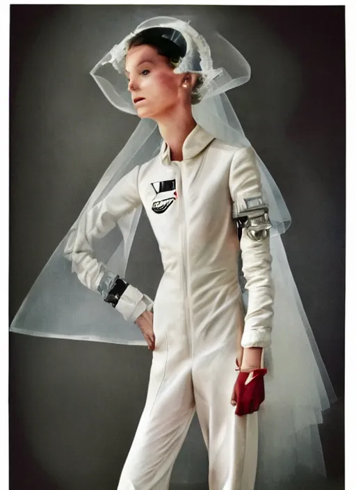 Prompt: a portrait by nick knight and norman rockwell of a beautiful girl detailed features wearing a pilot suit wedding dress synthetic materials, jumpsuits chic'techno fashion trend by nike