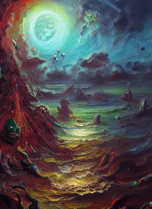 Image similar to oil painting with heavy impasto of a tropical pirate enclave, cosmic horror painting, elegant intricate artstation concept art detailed