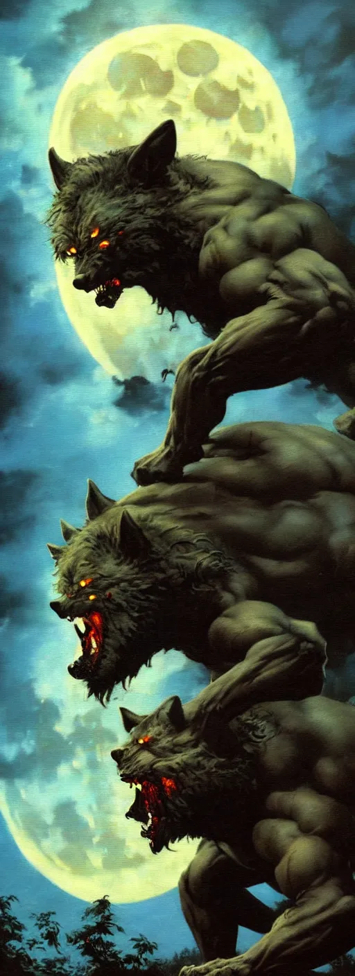 Image similar to by frazetta ,close up of very detailed realistic oversized werewolf , in front of the moon , full body backlight ,top light ,full body portrait ,highly textured oil painting ,jungle ,cyan graveyard with backlight from the moon ,foggy background ,with dramatic sky ,clouds and giant oversized moon and storm