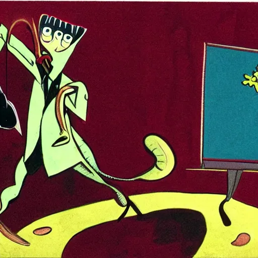 Image similar to charles mingus chasing after a lizard, 1 9 5 0 s cartoon style