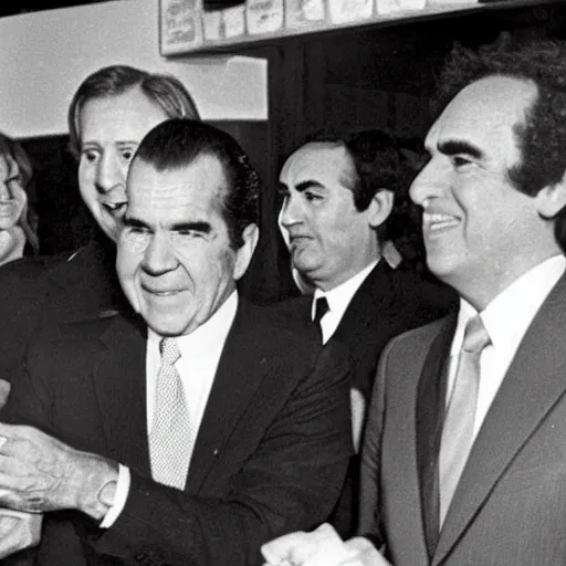 Prompt: President Nixon with roller skates, in a Mexican restaurant, award-winning front-page newspaper photo, grainy, 1970s