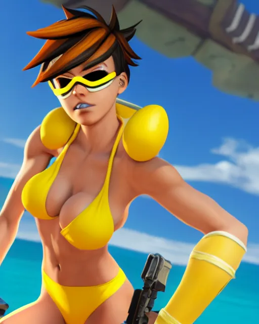 Image similar to tracer game character, in yellow bikini, blonde hair, black eyes, full height