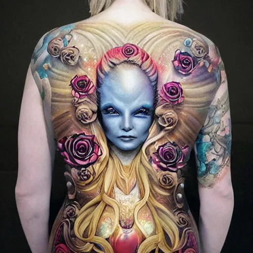 Image similar to blonde girl in a cosmic dress, full-body tattoos, ornate, rococo, grotesque, zbrush art, majestic, organics, silver filigree, colorful, dark fantasy, celtic knot, anatomical, h r giger style, moebius, frank frazetta, ornate, art nouveau, symmetrical, turquoise jewelry, red smoke, roses, unbiased render, rotten, Emil melmoth, eerie, macabre, haunting + insanely detailed and intricate, floral, faded pink, hypermaximalist, elegant, vintage, hyper realistic, super detailed, pastel colors,