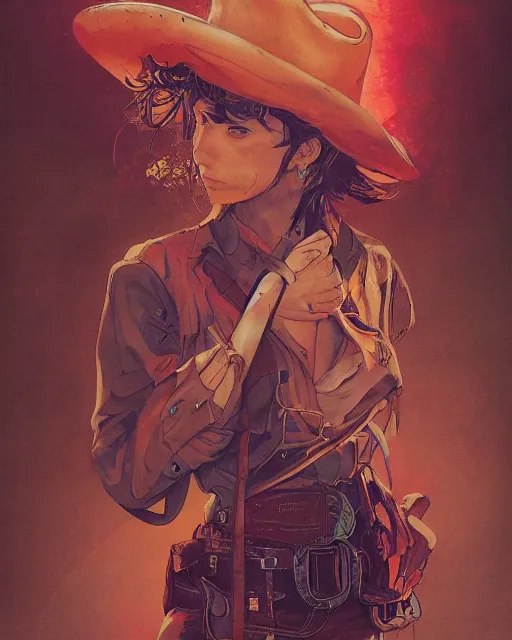 Prompt: a cowgirl, midshot single subject, art poster, ambient lighting, detailed, by ayami kojima, makoto shinkai, kilian eng