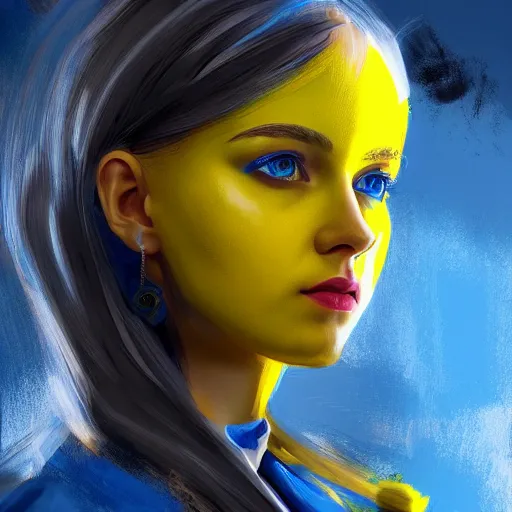 Image similar to ukrainian girl, in blue and yellow clothes, watching war, concept art, trending on artstation, highly detailed, intricate, sharp focus, digital art, 8 k