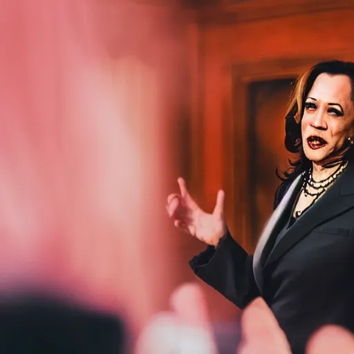 Prompt: disney cruella devilla being acted by kamala harris, 8 k, professional photography, cinematic shot, dark, smoke