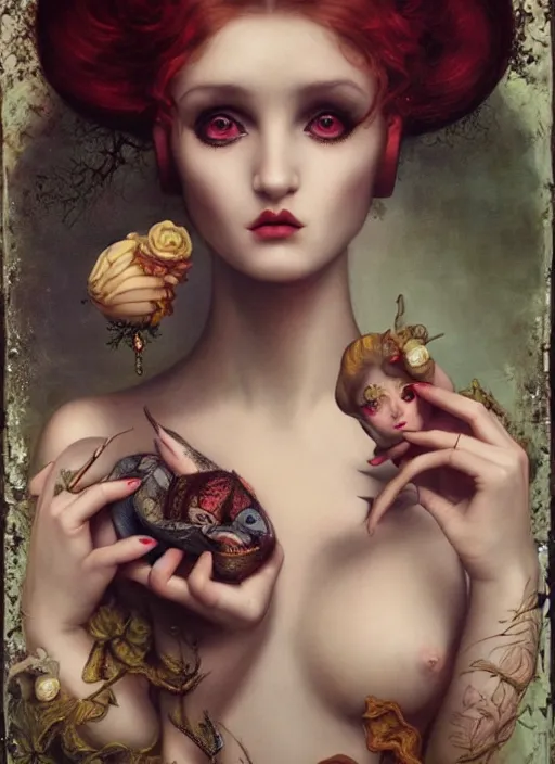 Prompt: pop surrealism, lowbrow art, realistic seductive woman painting, preraphaelites, hyper realism, muted colours, rococo, natalie shau, loreta lux, tom bagshaw, mark ryden, trevor brown style,