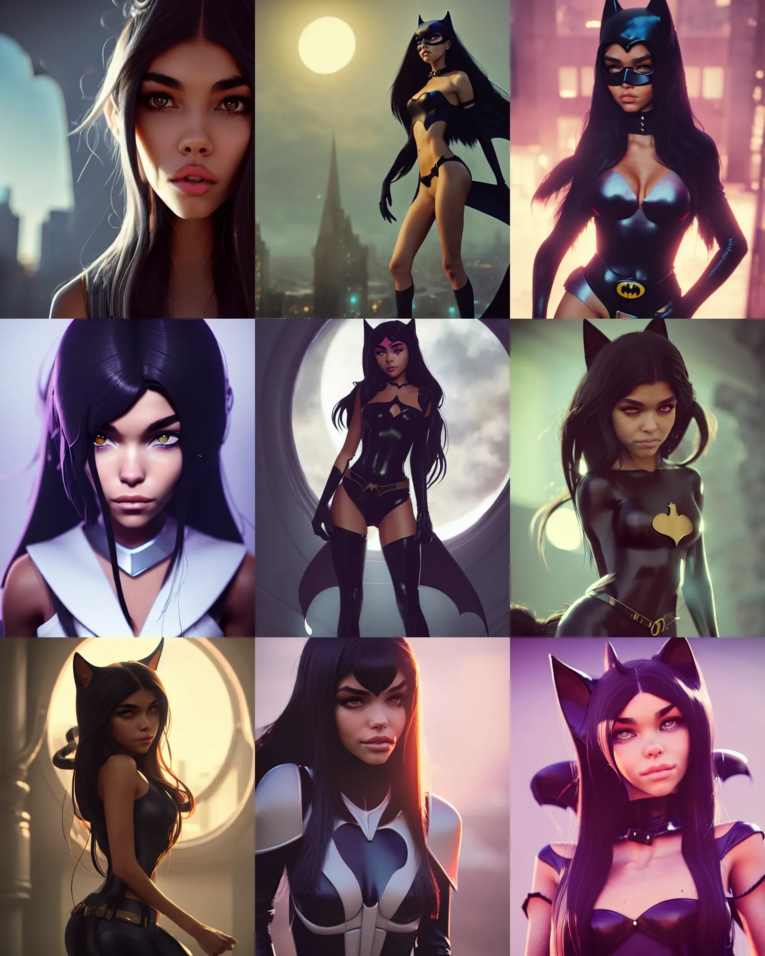 Prompt: madison beer : : 1 0 as catgirl from batman : : 5 by greg rutkowski, wlop, octane render : : 3