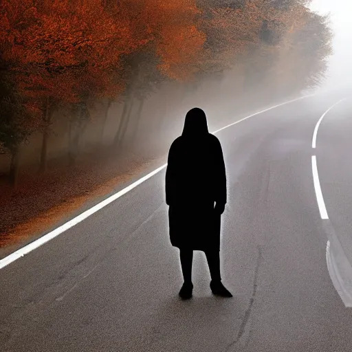 Image similar to mist, there\'s a shadowy figure on the road, with glowing eyes