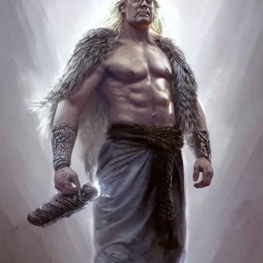 Prompt: painted portrait of rugged [ donald trump jr ], god of thunder, greek god, white hair, masculine mature ruggedly handsome beefy brawny [ chest hair ] standing full length robe fantasy intricate elegant highly detailed digital painting, artstation, concept art, smooth, atmospheric lighting sharp focus illustration art by craig mullins greg rutkowski