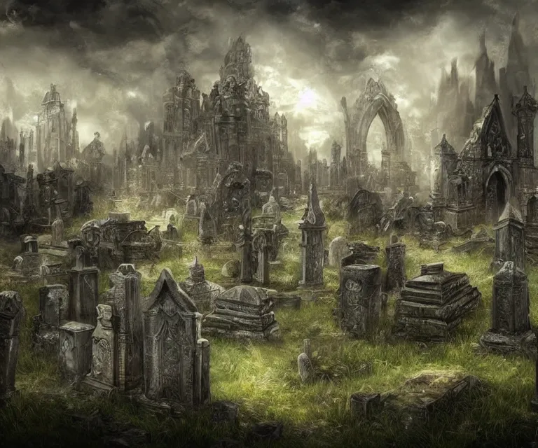 Image similar to a city of tombs and tombstones, graveyard landscape, giant grave structures, giant tomb structures, dark fantasy, digital art, fantasy art