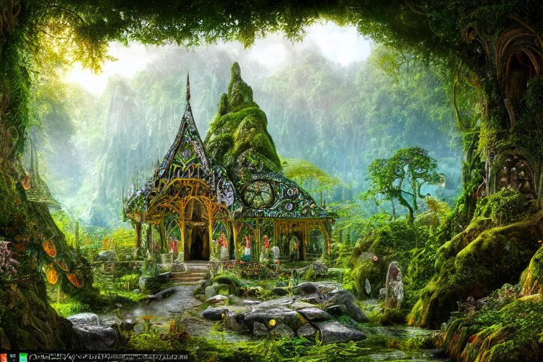 Prompt: a beautiful and highly detailed digital painting of a crystal temple in lush forest in the mountains of rivendell, psychedelic, celtic, intricate details, epic scale, insanely complex, 8 k, sharp focus, photorealism, artstation, cgsociety, by caspar friedrich, albert bierstadt, james gurney, brian froud,