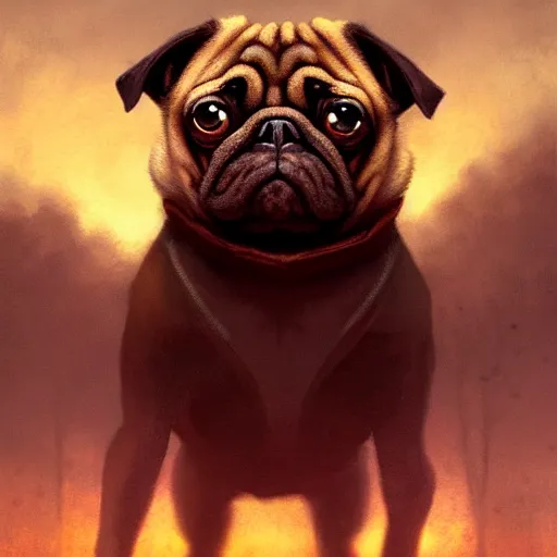 Image similar to anthropomorphic pug, alone on a battlefield surrounded by corpses of animals, horror , backlight, red sky, highly detailed, digital painting, artstation, concept art, matte, sharp focus, illustration, by Greg Rutkowski and frazetta