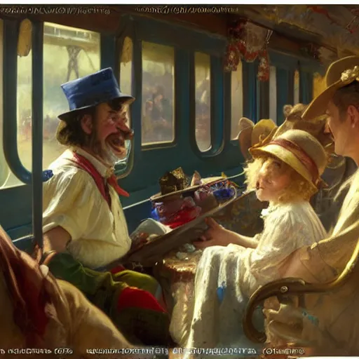 Image similar to a clown selling goodies on the train, highly detailed painting by gaston bussiere, craig mullins, j. c. leyendecker 8 k