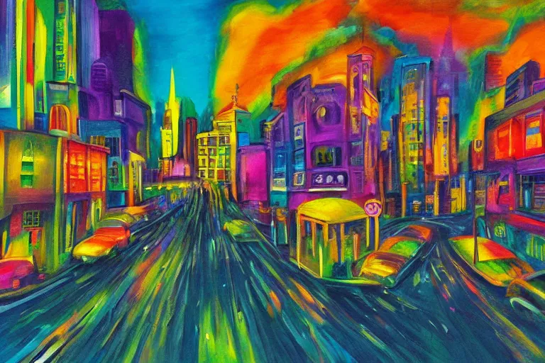 Image similar to surreal colorful nightmarish cityscape