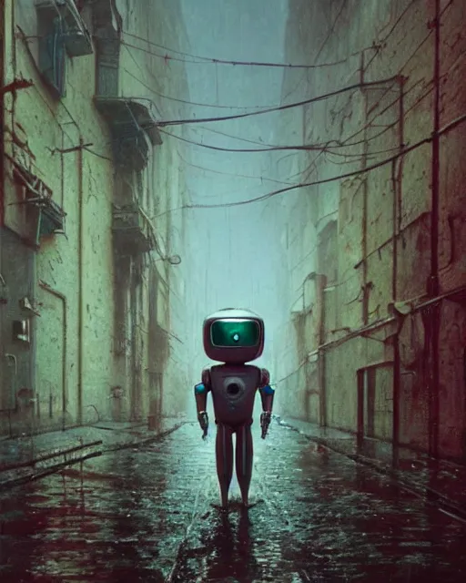 Prompt: robbie the robot walking through a wet alley, retrofuturism sci - fi old movie, highly detailed, photorealistic, 8 k, by beksinski and stalenhag