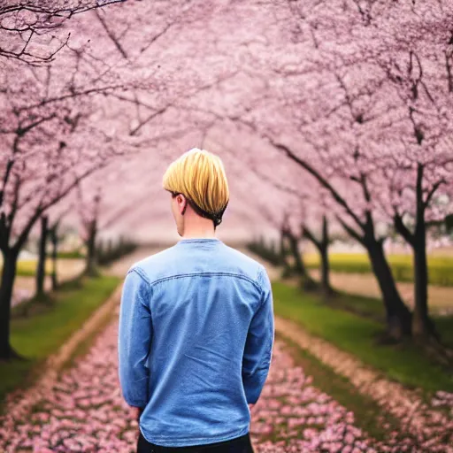 Image similar to kodak portra 4 0 0 photograph of a skinny blonde guy standing in field of cherry blossom trees, back view, flower crown, moody lighting, moody vibe, telephoto, 9 0 s vibe, blurry background, vaporwave colors, faded!,