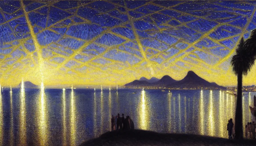 Image similar to a ultradetailed beautiful painting of the night sky of the rio de janeiro palace balustrade designed by jules bastien - lepage, tarsila do amaral, frank weston and gustave baumann, beach, trending on artstation, mediterranean, palm trees, sharp focus, lightning sparkles refraced lines, soft light, 8 k 4 k