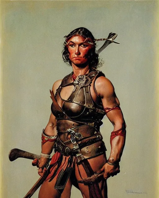 Prompt: front view portrait of a savage muscular barbarian female with leather armor, by norman rockwell