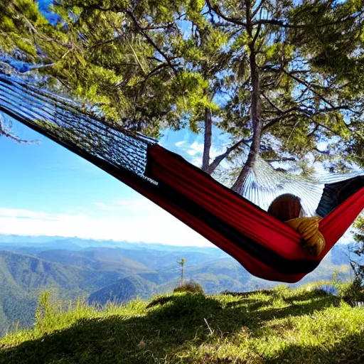 Prompt: relaxing in a hammock on top of a mountain, amazing views, award winning photography, highly detailed