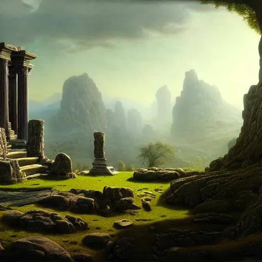 Image similar to a beautiful and highly detailed matte painting of a celtic temple, epic scale, insanely complex, hyperdetailed, sharp focus, hyperrealism, artstation, cgsociety, 8 k, by caspar friedrich, albert bierstadt, james gurney, brian froud,