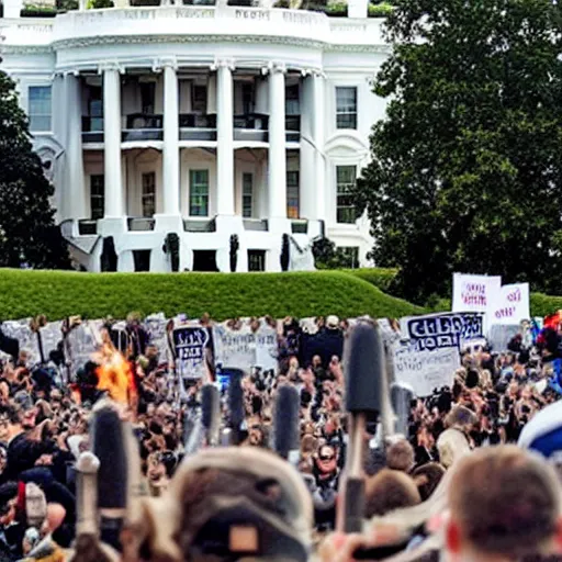 Prompt: a still candid image of hundreds of stormtropers rioting in front of a the white house in washington.!!!, flaming torches and pitchforks