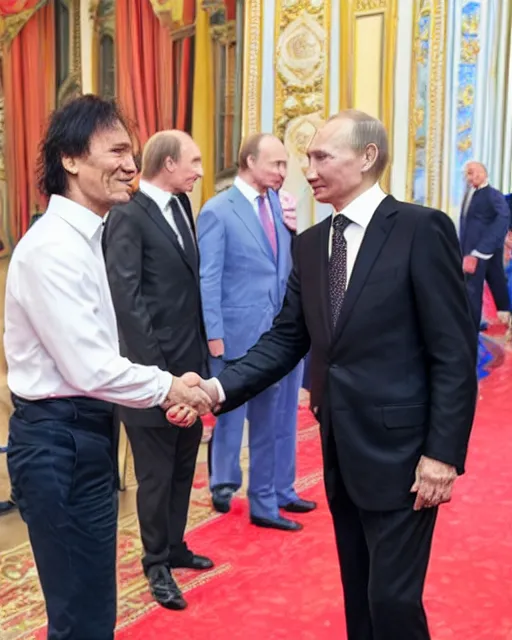 Prompt: sixty years old viktor tsoi with joyful look in a business suit shaking hands with vladimir putin in kremlin, moscow, color photo, mid shot photo, official photo, digital photo, 4 k