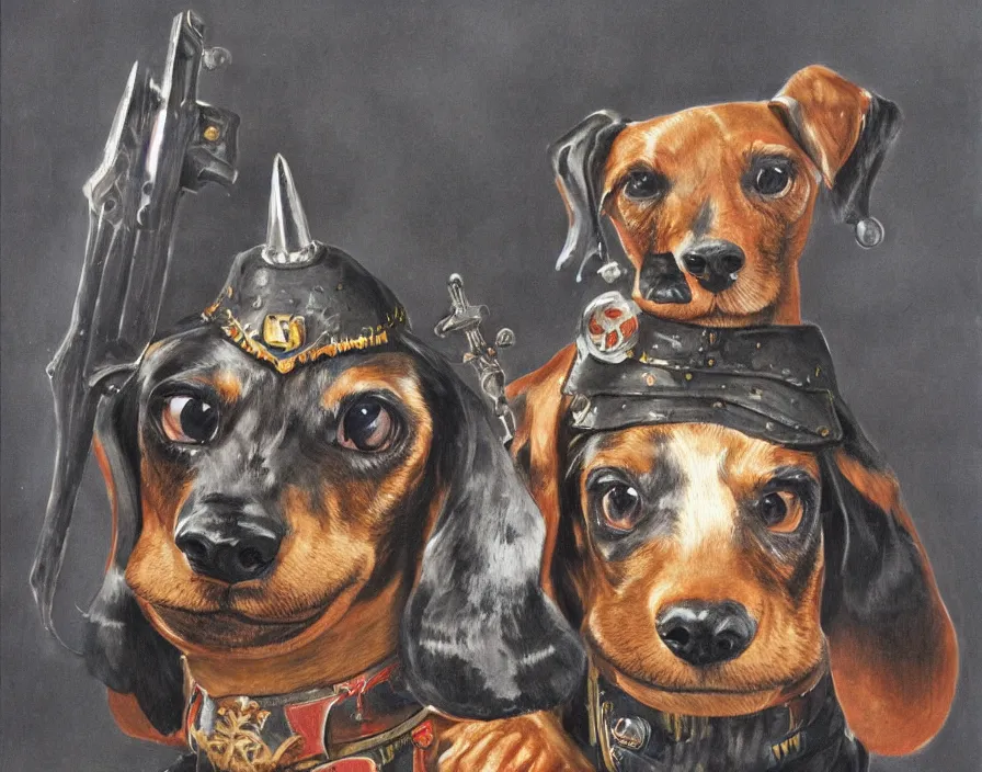 Image similar to Warhammer 40000 portrait of a dachshund by John Blanche