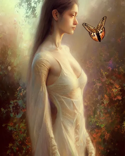 Image similar to Full view realistic ethereal Humanoid Maiden with symmetrical moth wings in a beautiful dress, oil on linen masterpiece by Craig Mullins Artgerm in the style of Ruan Jia, ornate Iconography background, tarot card, wlop, Ross Tran, detailed and realistic, soft lighting, intricate details, realistic, full view, Artstation, CGsociety