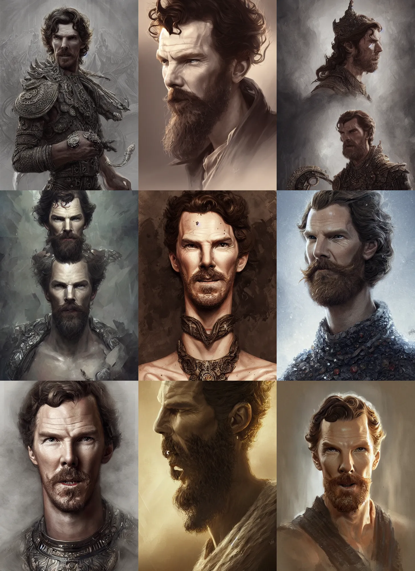 Prompt: nuragic bearded prince benedict cumberbatch, full shot, intricate, elegant, highly detailed, digital painting, artstation, concept art, sharp focus, illustration, art by aleksi briclot, rutkowski, mucha