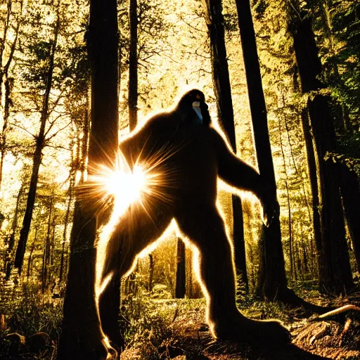 Image similar to photo of a Bigfoot in the forest, 50mm, golden hour, beautiful photo