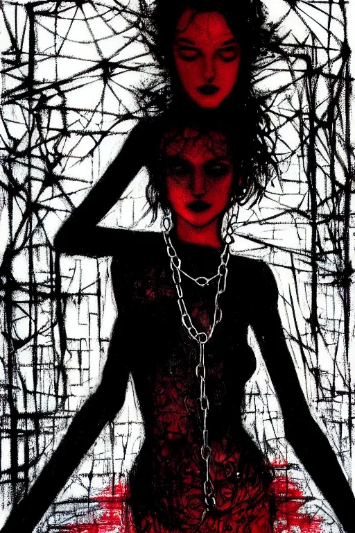 Prompt: dreamy gothic girl, black leather slim clothes, chains, red water, beautiful body, detailed acrylic, grunge, intricate complexity, by dan mumford and by alberto giacometti, peter lindbergh