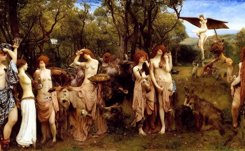 Prompt: a beautiful pre - raphaelite painting by alma tadema of gods with animal heads, having a bacchanal on mount olympus