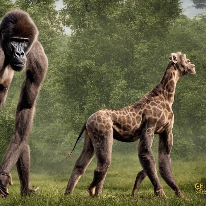 Image similar to rare sighting of a gorilla giraffe, a gorilla - giraffe chimera, 4 k national geographic photograph