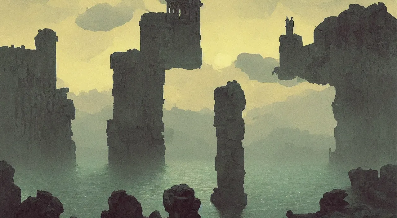 Prompt: single flooded simple ancient! cursed stone tower, very coherent and colorful high contrast!! masterpiece by rene magritte simon stalenhag carl spitzweg syd mead norman rockwell edward hopper james gilleard, surrealism!, minimalist, dark shadows, sunny day, hard lighting