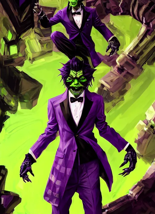 Prompt: portrait of an arrogant handsome goblin in purple checkered tuxedo, green skin. in style of yoji shinkawa and hyung - tae kim, trending on artstation, dark fantasy, great composition, concept art, highly detailed, dynamic pose, vibrant colours.